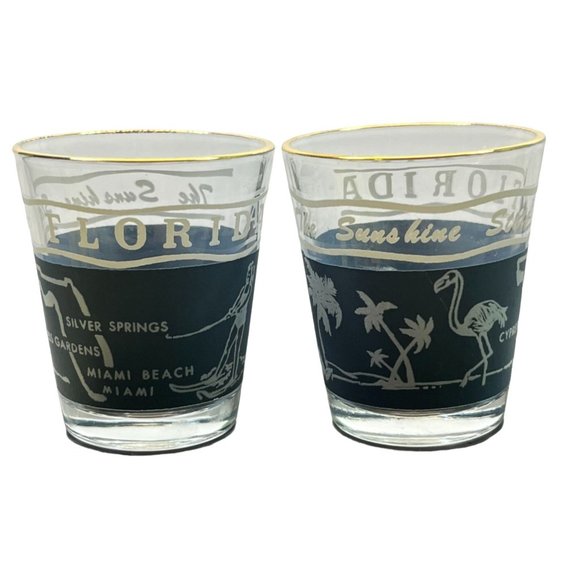 Vintage Florida Souvenir Shot Glasses Set of 2 Gold Rimmed Palm Trees - Picture 1 of 5